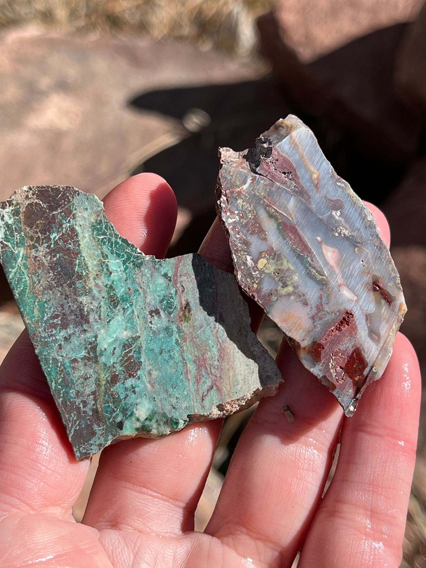 2 small Slabs for Lapidary chrysocolla and Idaho Seam agate